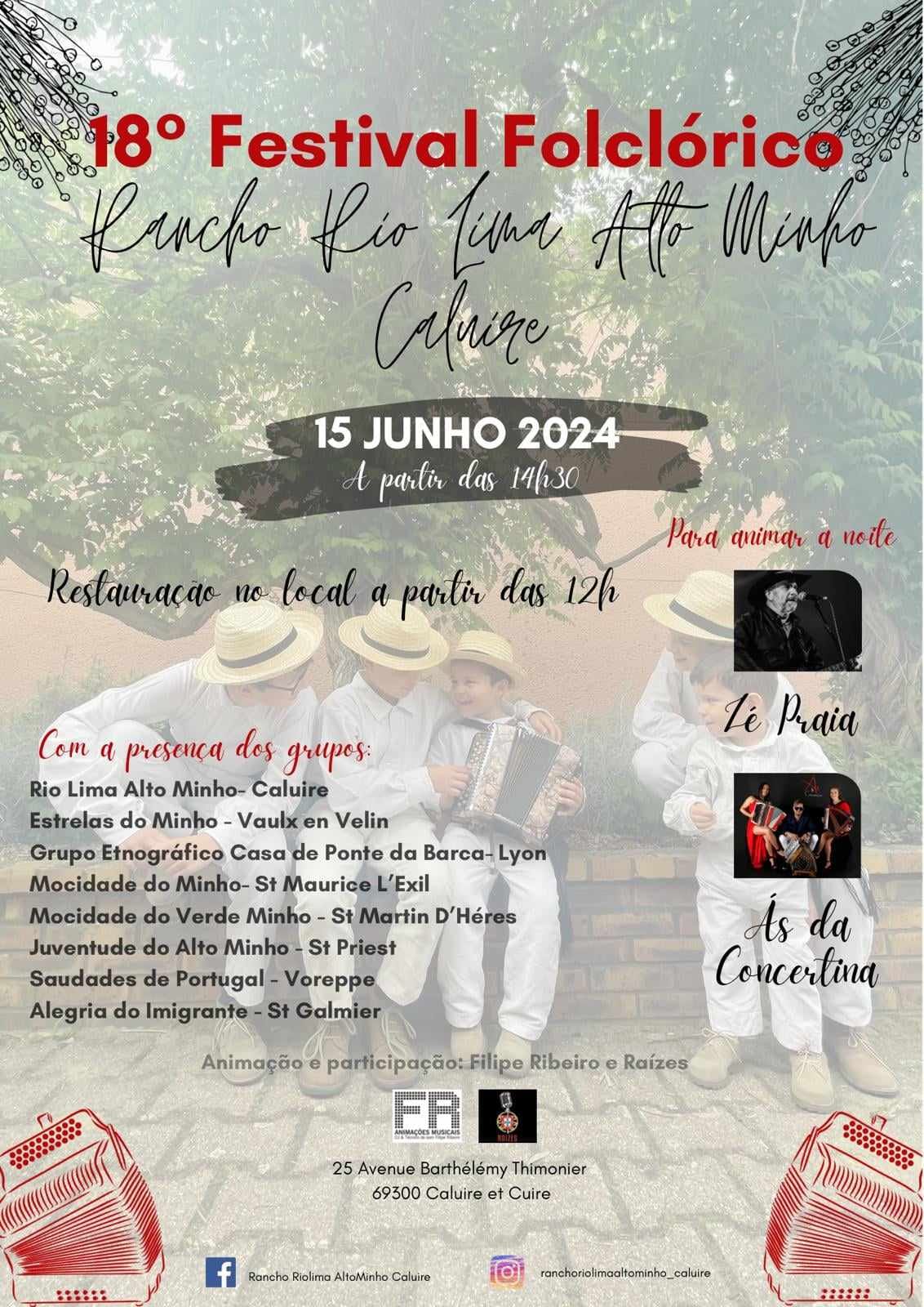 18° Festival Folclorico - 15 Junho 2024 -15h- Rio Lima Alto Minho de Caluire - na noite "As da Concertina" - 20h